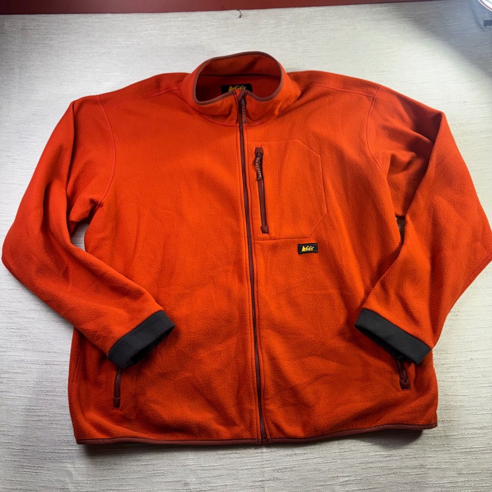 REI Mens XXL Tall Full Zip Fleece Jacket Orange Mock Neck Outdoor Hiking Layer
